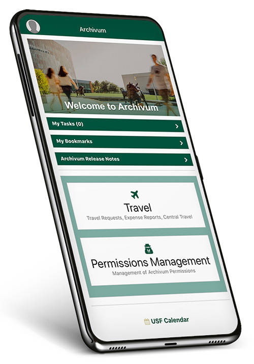 Mobile phone displaying the USF Archivum Application