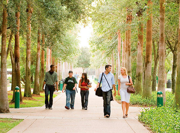 Students walking outside the USF campus