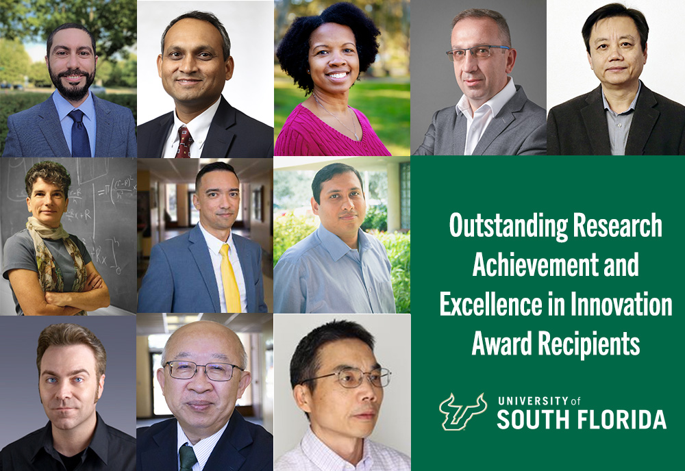 A collage of 11 honorees and a tile that says: "Outstanding Research Achievement and Excellence in Innovation Award Recipients with the USF logo